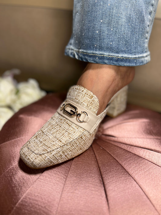 Ivory Tweed Chain-Detail Mules