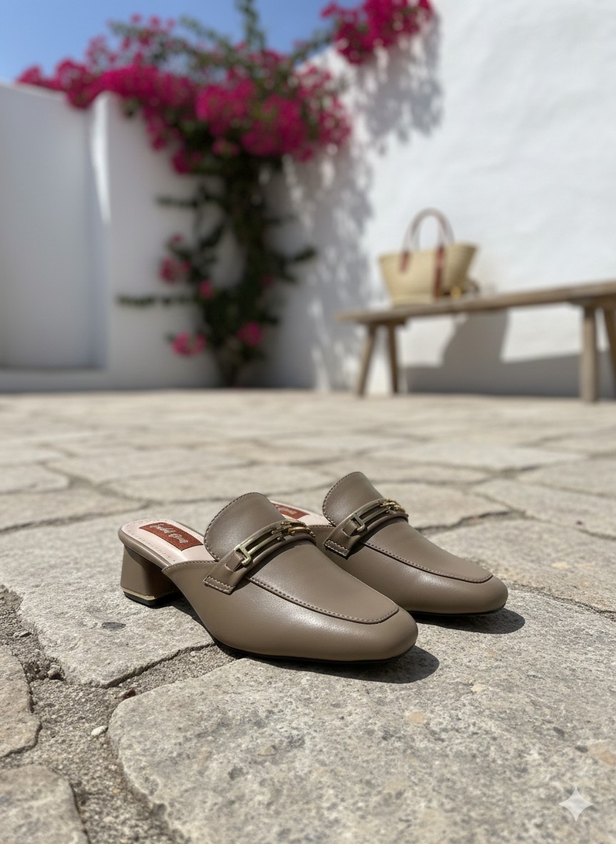 Taupe Gold-Link Mid-Heel Mules