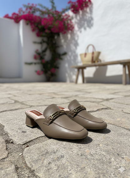 Taupe Gold-Link Mid-Heel Mules