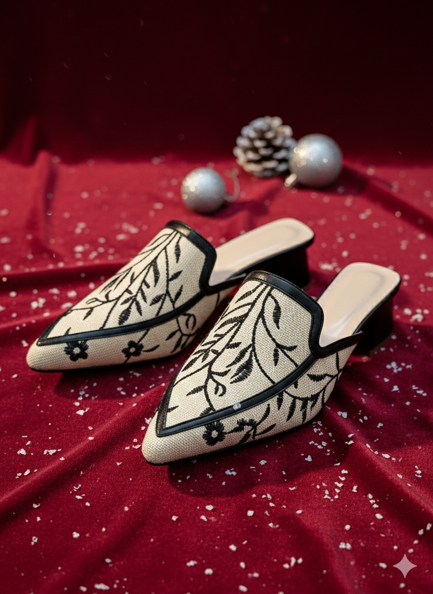 Ivory Noir Embroidered Block-Heel Mules