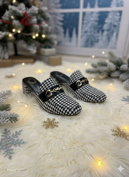 Monochrome Textured Weave Block Heel Mules