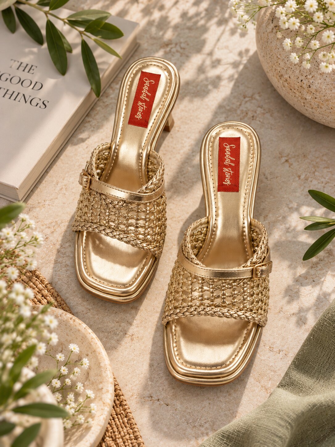 Golden Woven Luxe Block Heel | 2 Inch