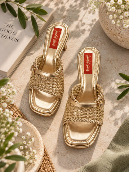 Golden Woven Luxe Block Heel | 2 Inch