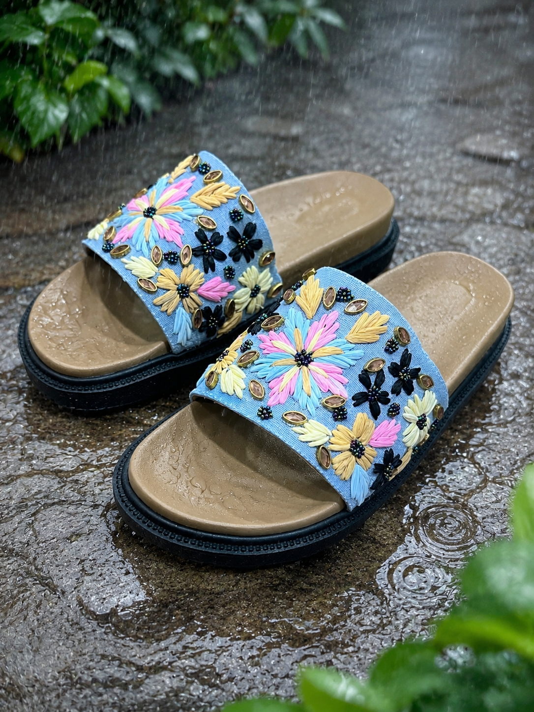 Monsoon Denim Embroidered Sliders | Monsoon Friendly