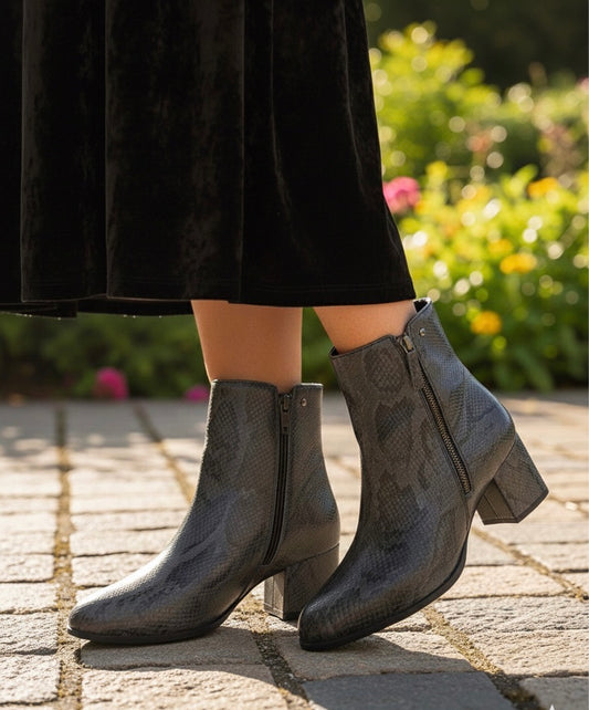 Grey Snake-Effect Ankle Boots