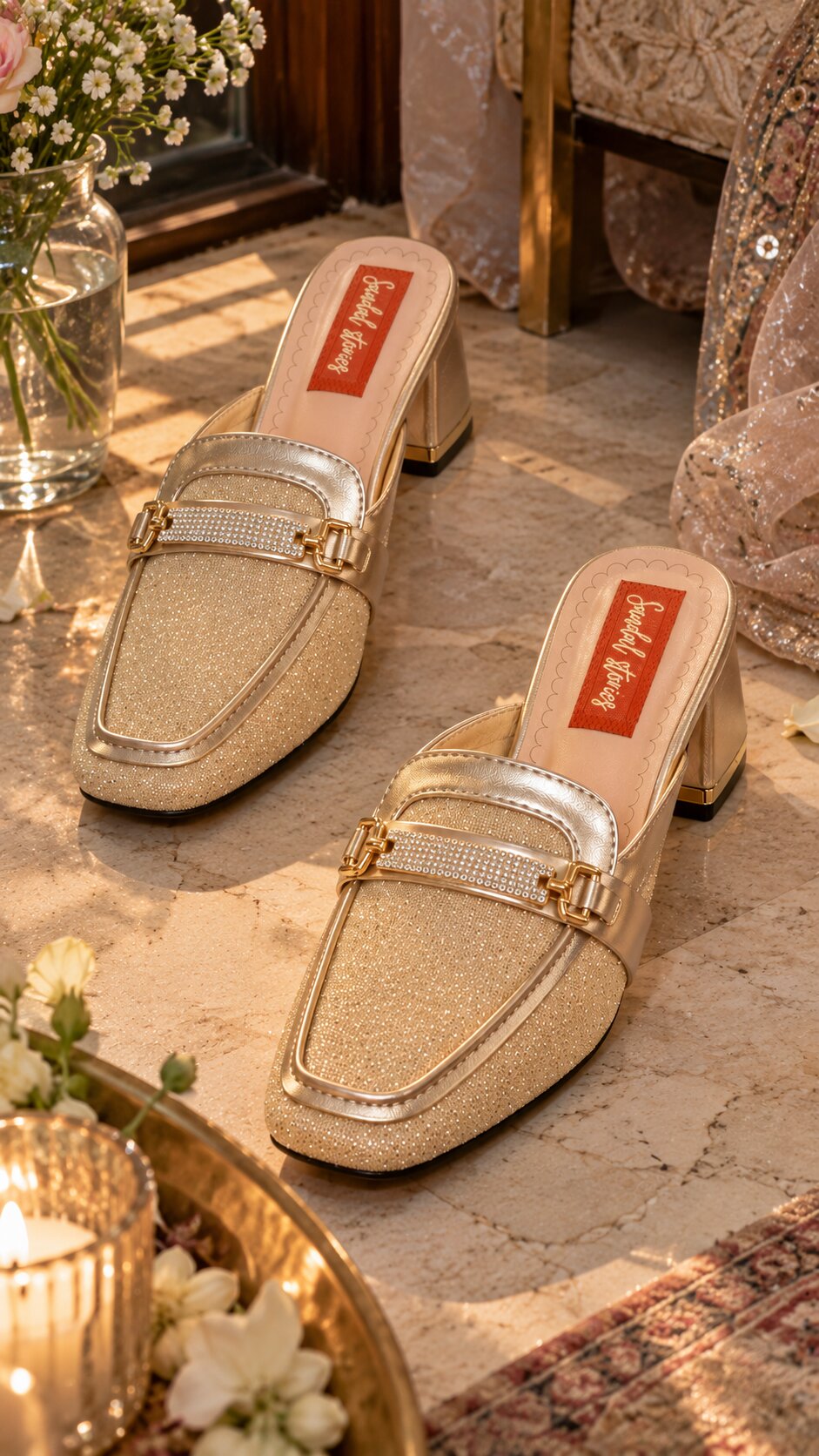 Golden Crystal Buckle Mules with Heels | 2 Inch