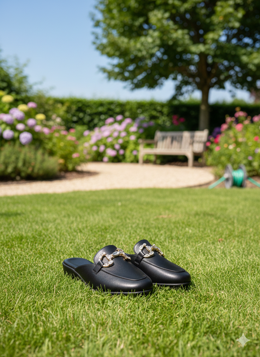 Crystal-Buckle Comfort Mules – Classic Black