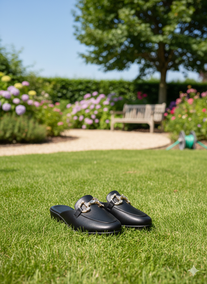 Crystal-Buckle Comfort Mules – Classic Black