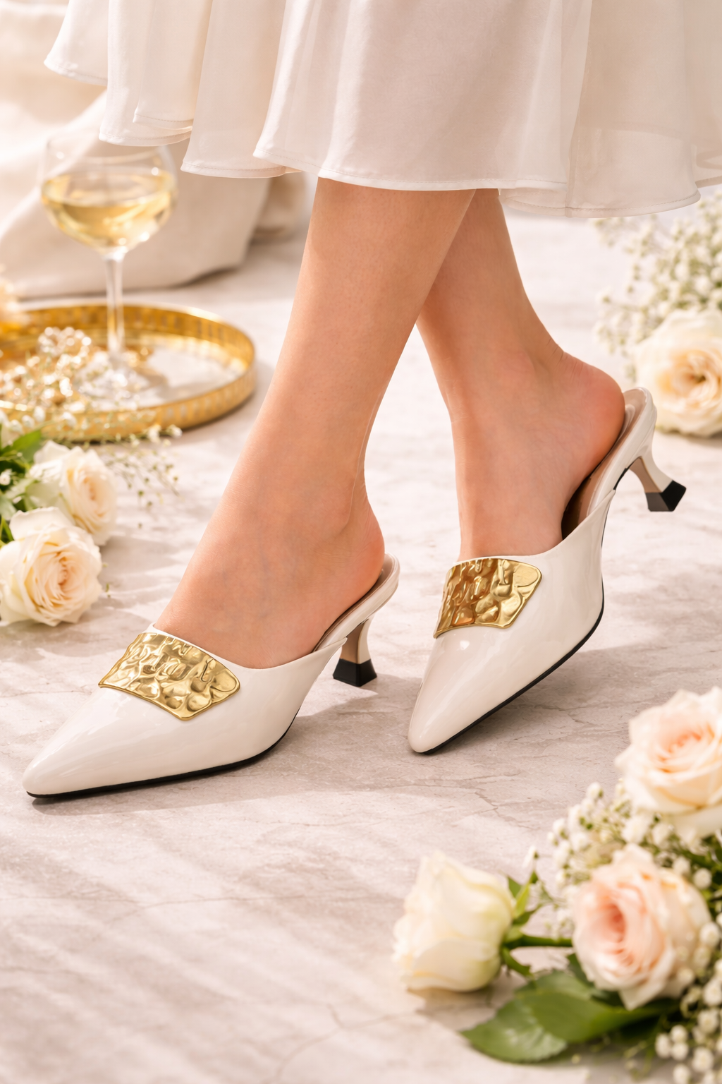 Statement Buckle Kitten Heels – Ivory