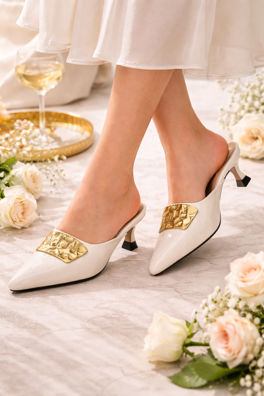 Statement Buckle Kitten Heels – Ivory