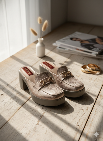 Rose Gold Foil Block Heel Mules