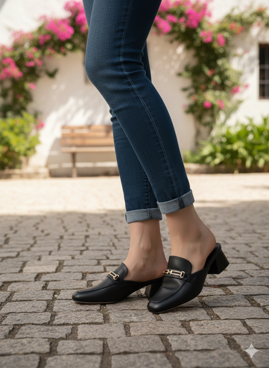 Black Gold-Link Mid-Heel Mules
