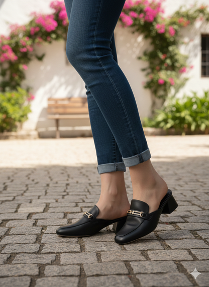 Black Gold-Link Mid-Heel Mules