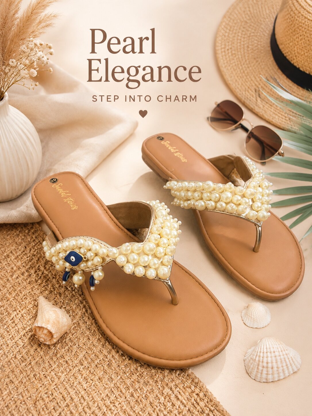 Pearl Evil Eye Embellished V-Shape Flats