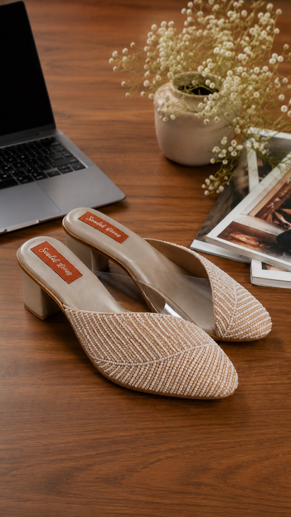 Rose Sparkle Mule Block Heels