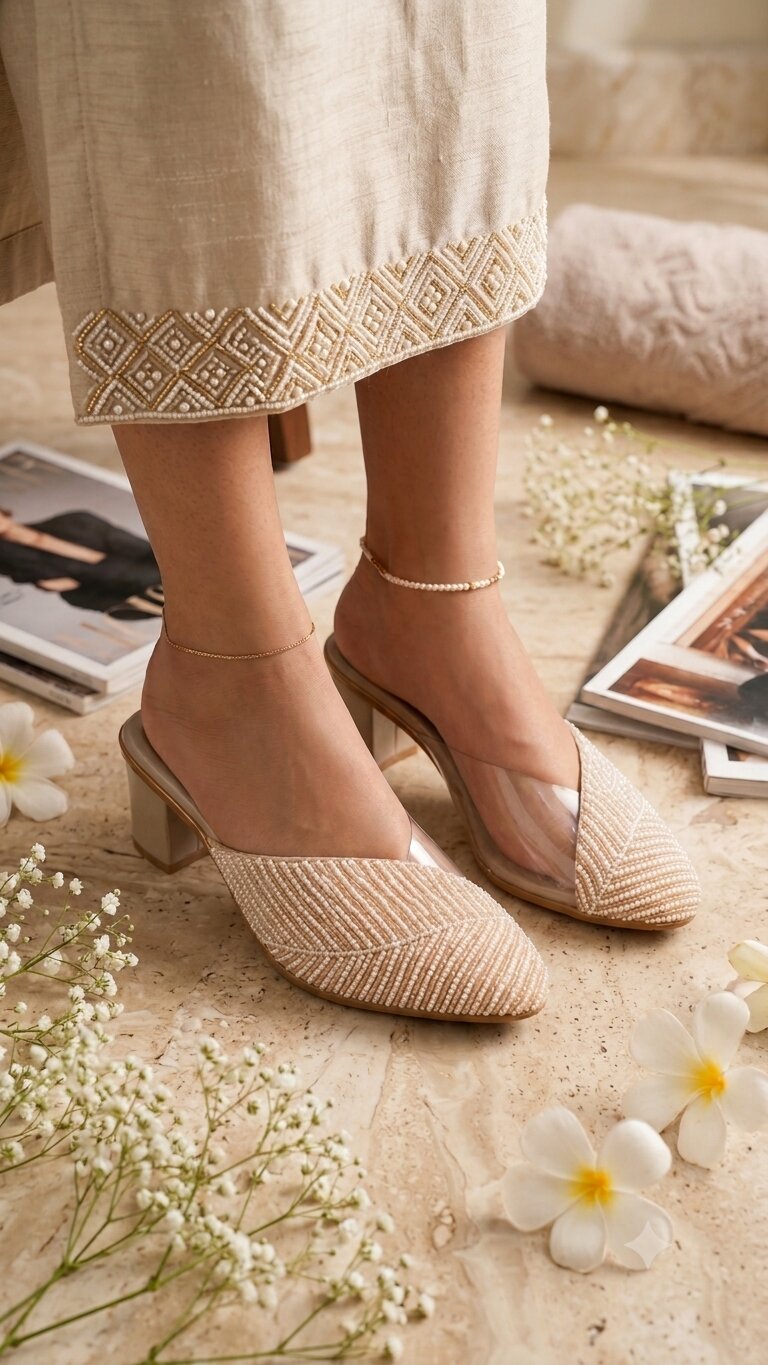 Rose Sparkle Mule Block Heels