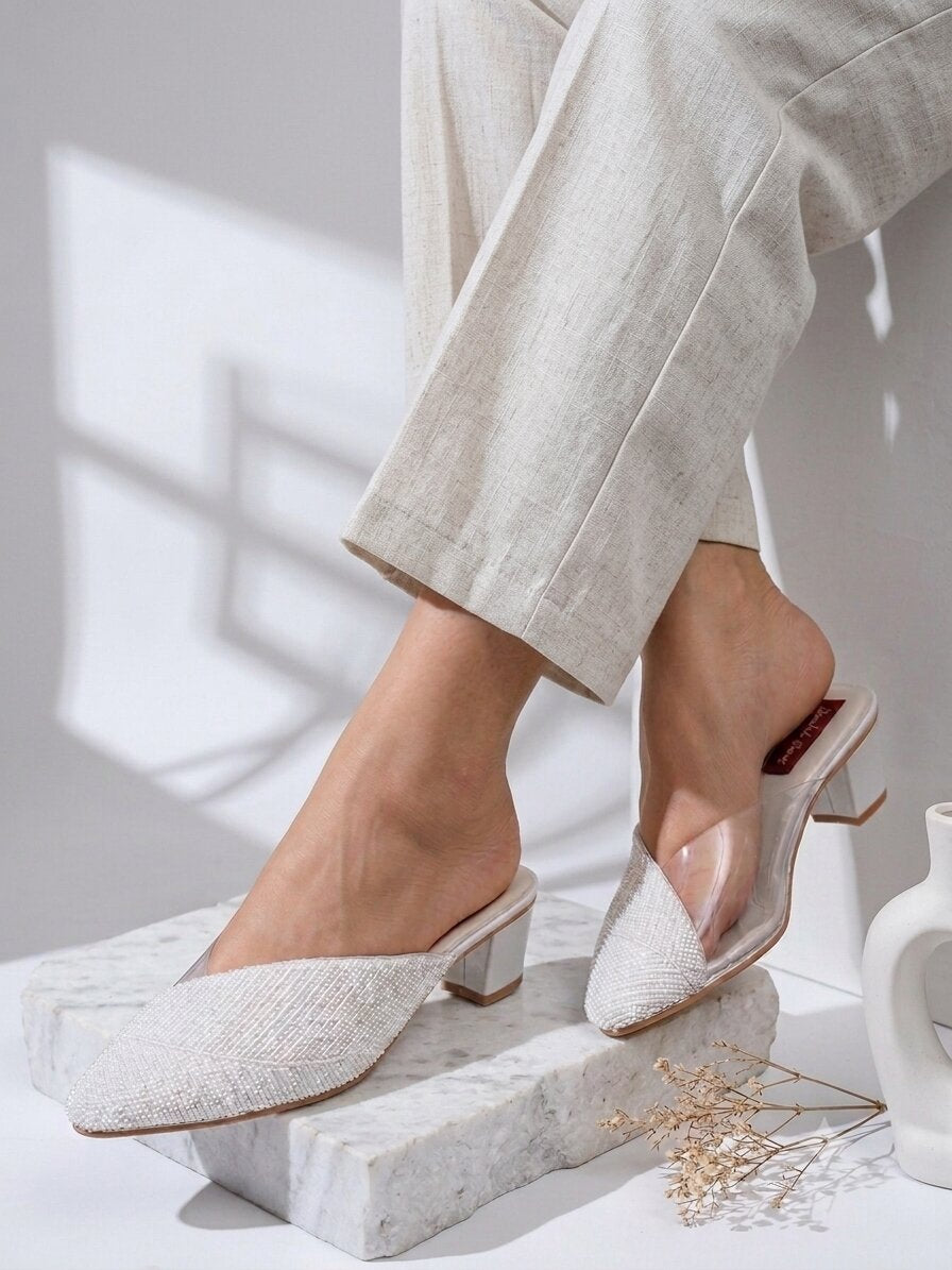 Ivory Sparkle Mule Block Heels