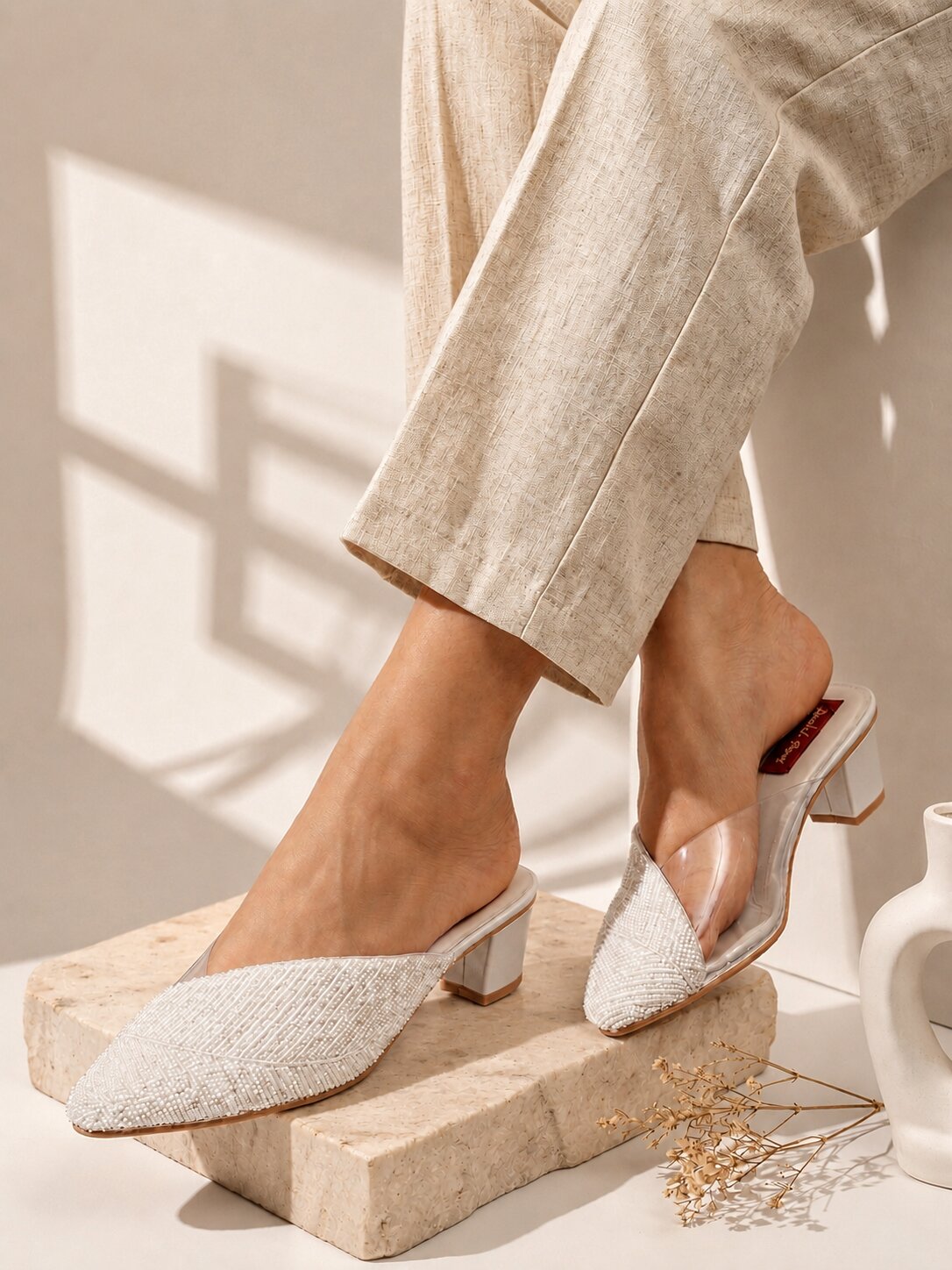 Ivory Sparkle Mule Block Heels
