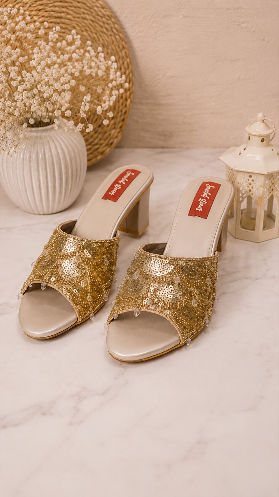 Twinkle Pearl Golden Block Heels