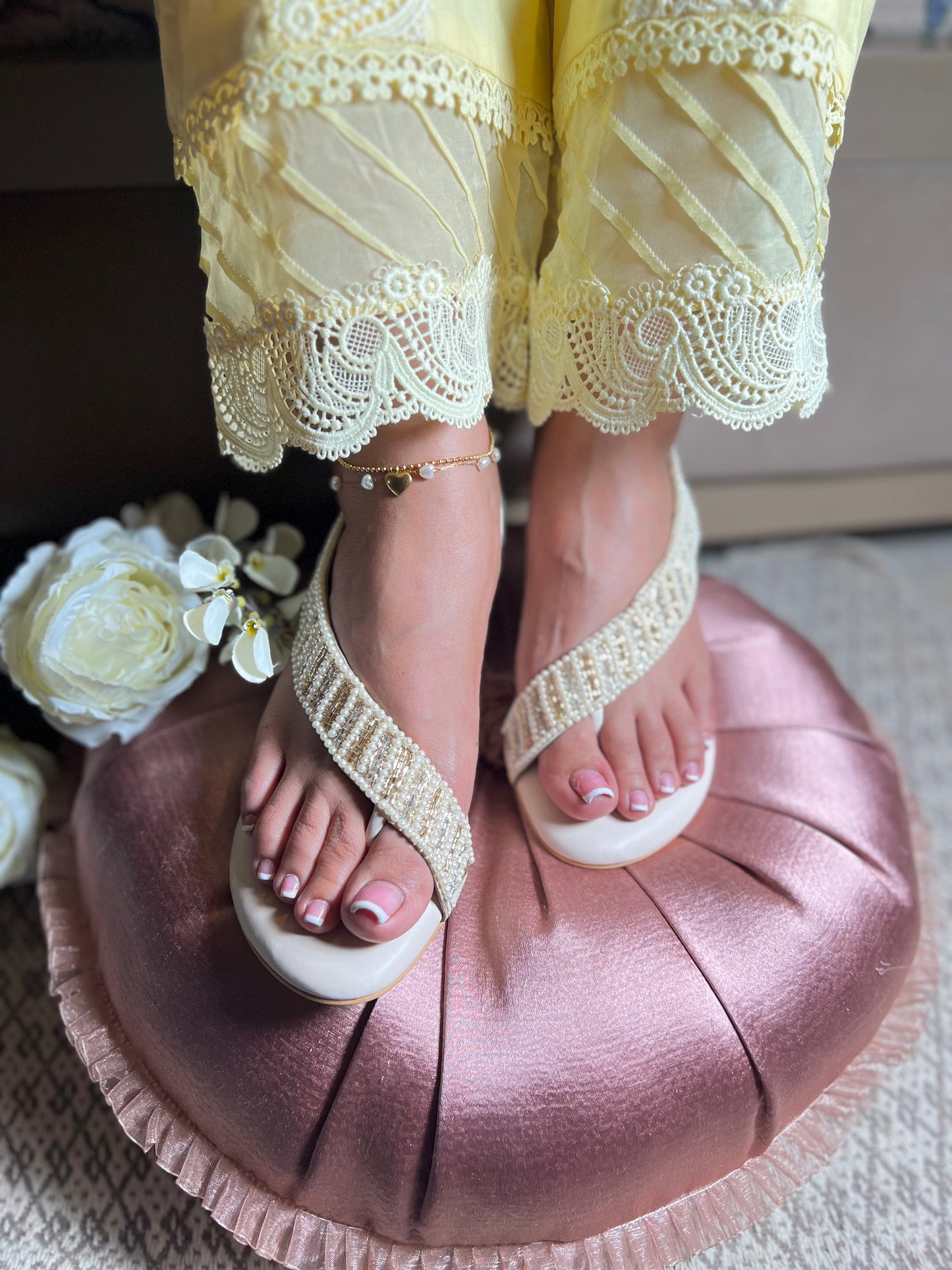 Zari Pearl T-Strap Anklet Flats