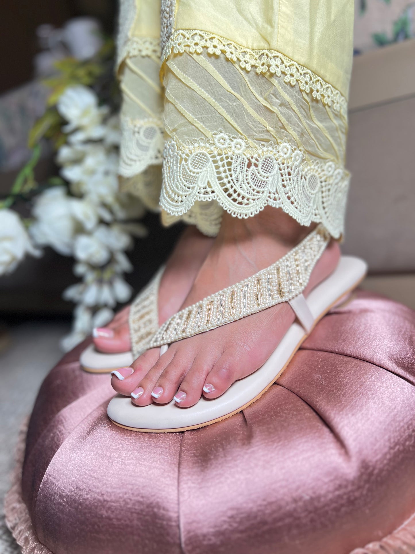 Zari Pearl T-Strap Anklet Flats