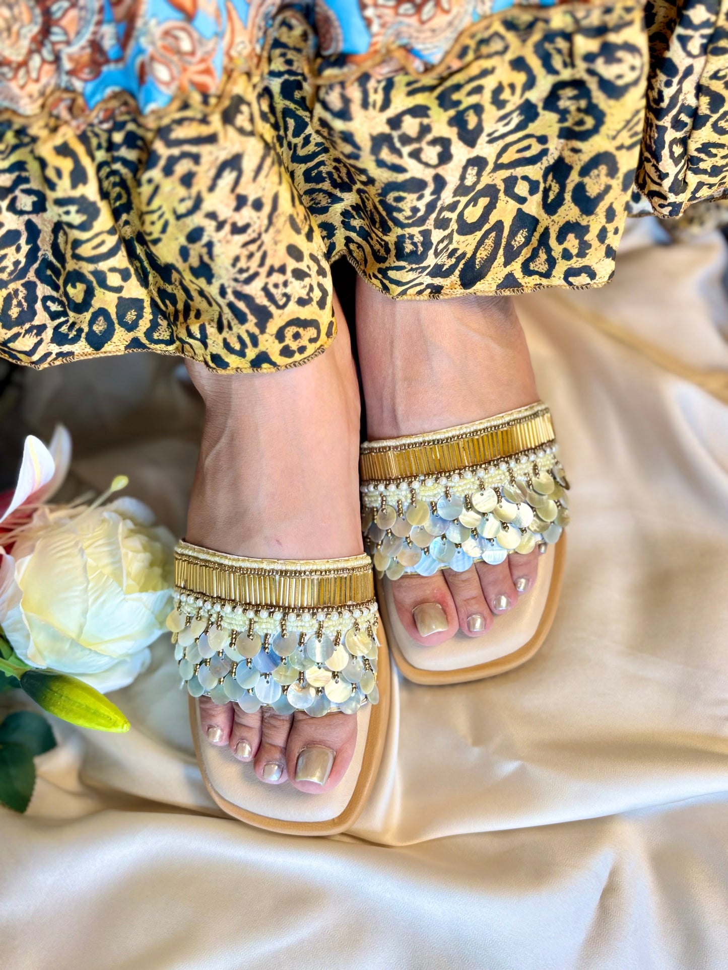 Mother of Pearl Embellished Luxe Wedges Sandal Stories