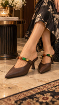 Chocolate Gemstone Strap Pointed Mules | 2 Inch Heels