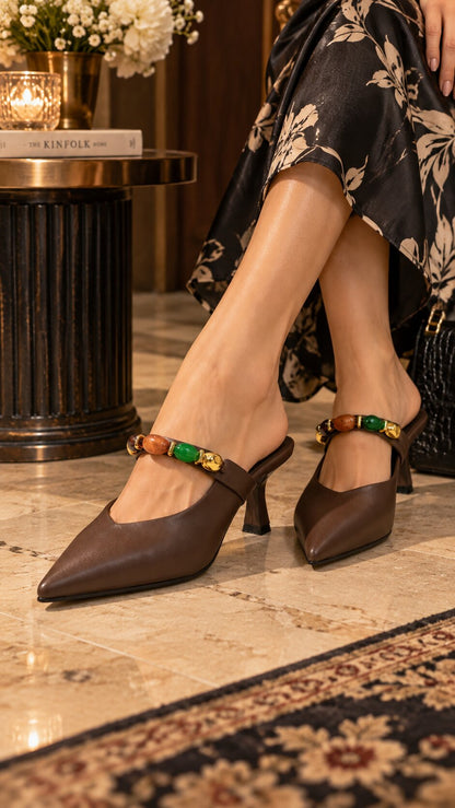 Chocolate Gemstone Strap Pointed Mules | 2 Inch Heels