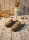 Crystal-Buckle Comfort Mules – Nude Beige
