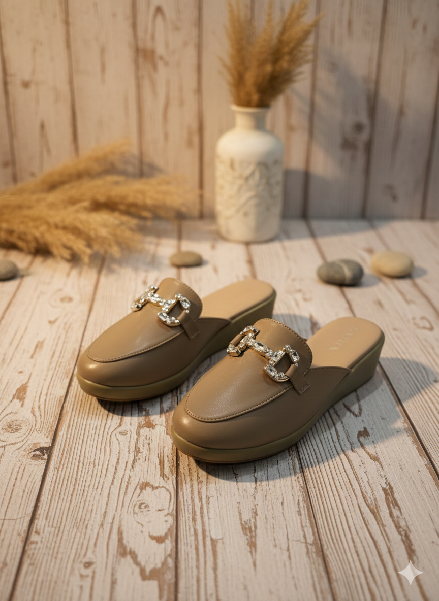 Crystal-Buckle Comfort Mules – Nude Beige