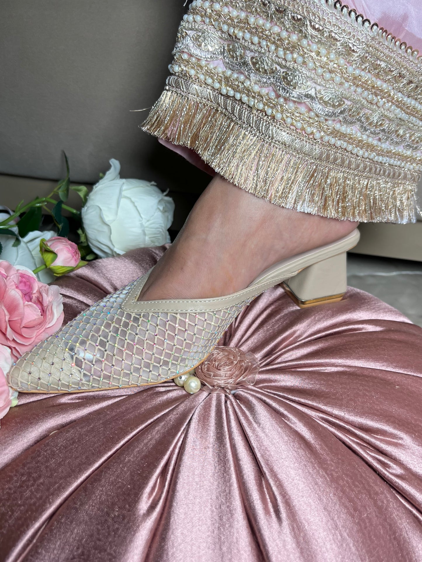 Mesh Embellished Block Heels - Beige