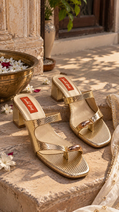 Golden Serpent Buckle Block-Heel Mules | 2 Inch
