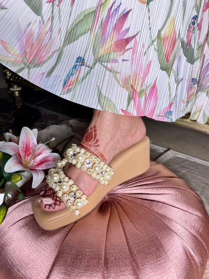 Pearl & Crystal C Shape Nude Wedges
