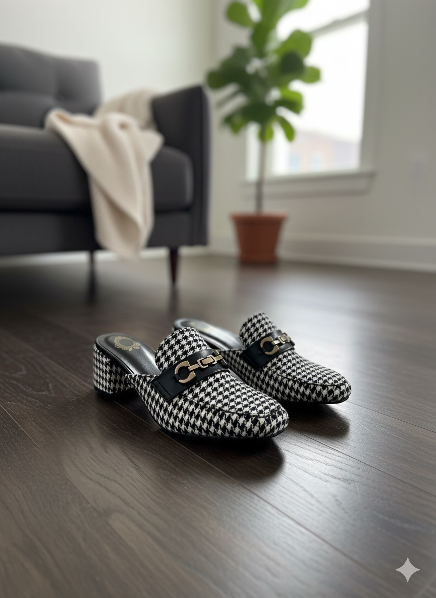 Monochrome Textured Weave Block Heel Mules