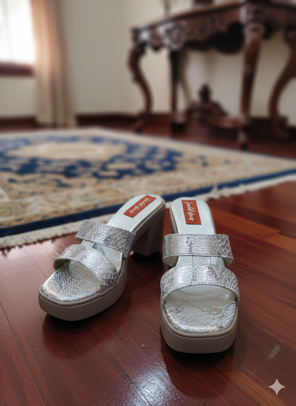 Beige Metallic Gleam Block Heel