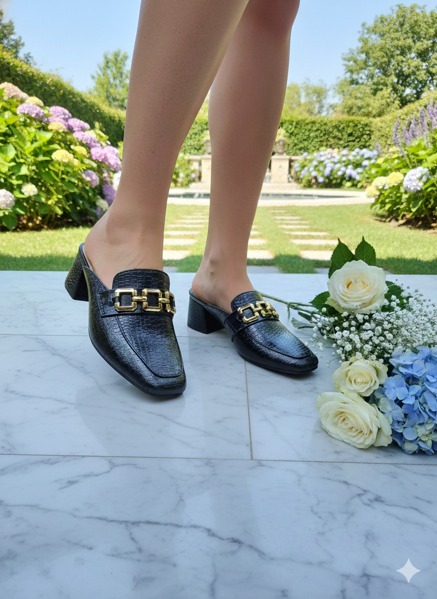 Midnight Mock-Croc Chain Mule