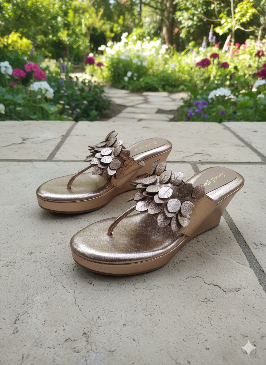 Rose Gold Leaf Wedge Sandals – 3 Inch Heel