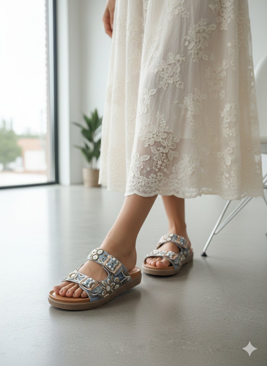 Sky Blue Blossom Comfort Slides