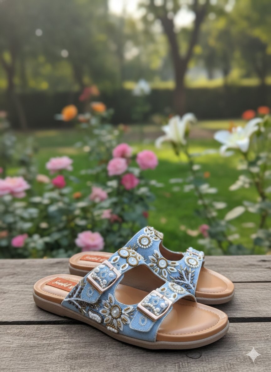 Sky Blue Blossom Comfort Slides