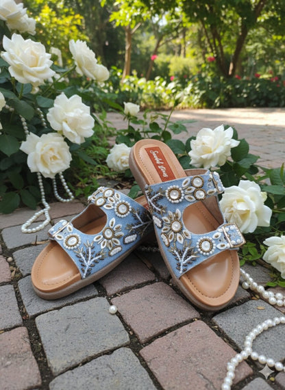 Sky Blue Blossom Comfort Slides