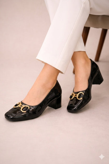 Midnight Luxe Patent Chain Block Heels - 2.5 Inch | 2.5 Inches