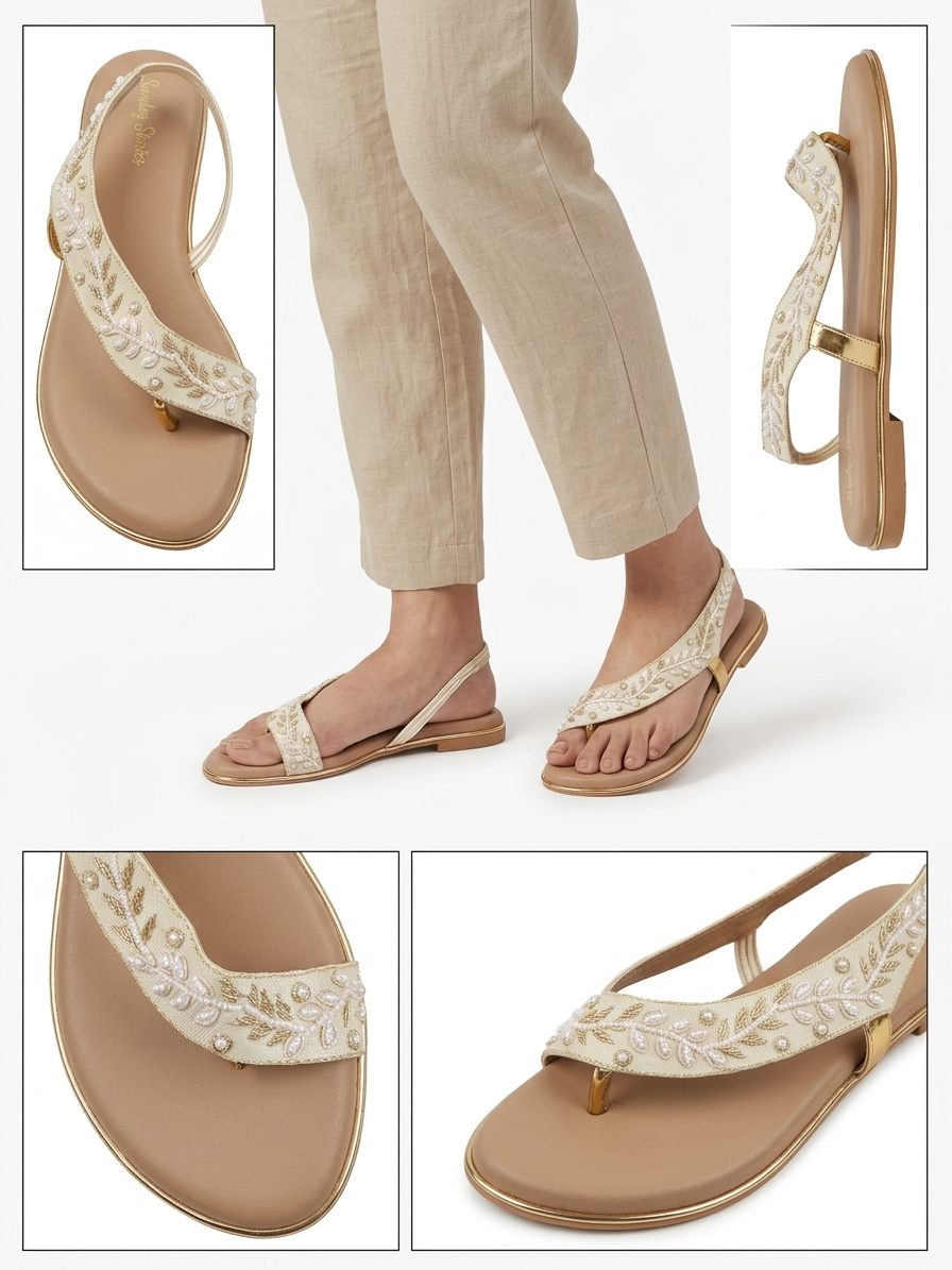 Ivory Pearl Embroidered Anklet Flats