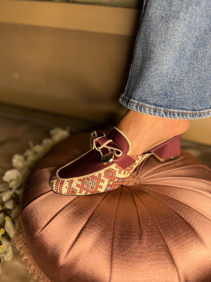 Maroon Patterned Weave Mules