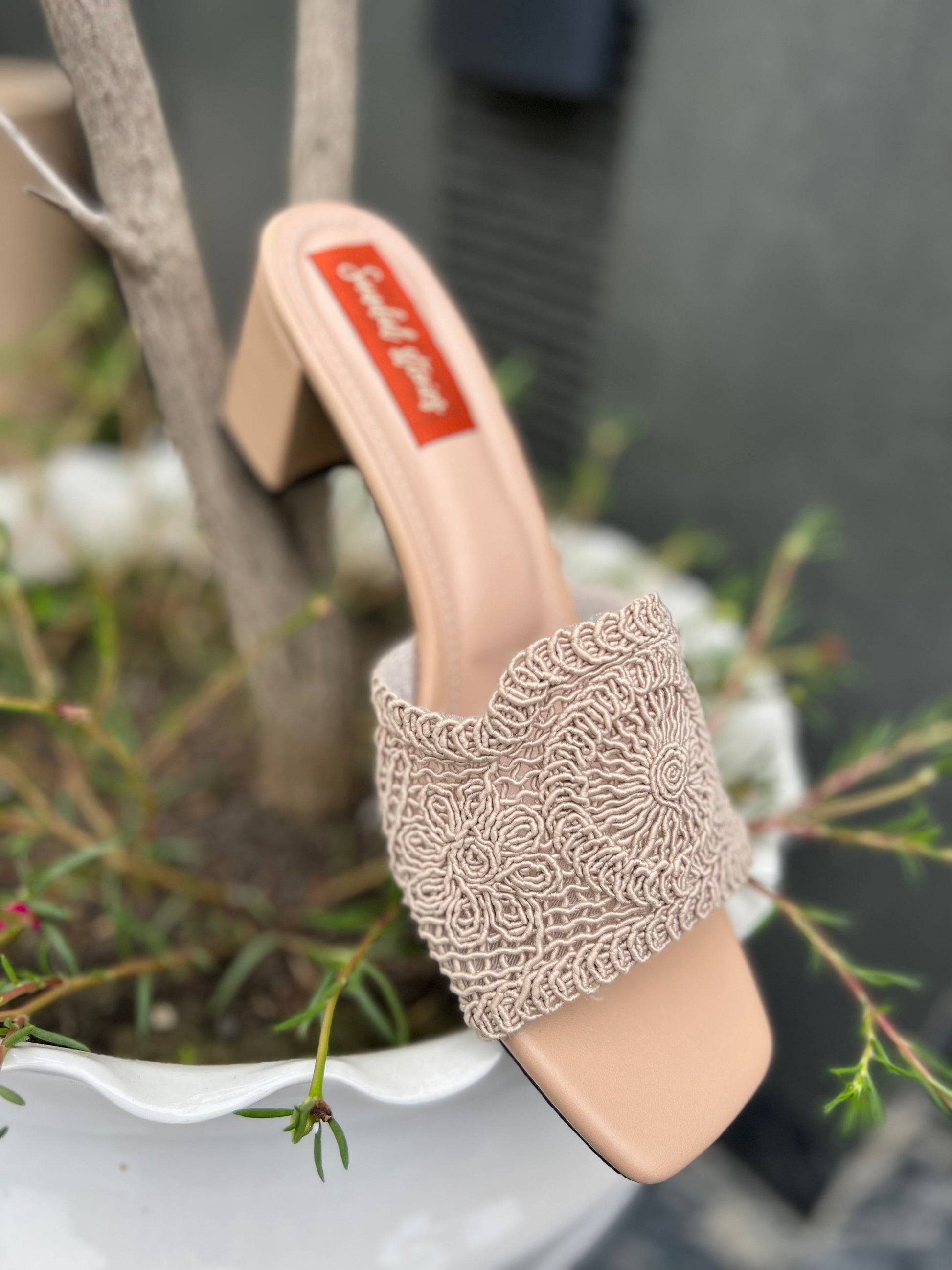 Nude Crochet Block Heels Sandal Stories