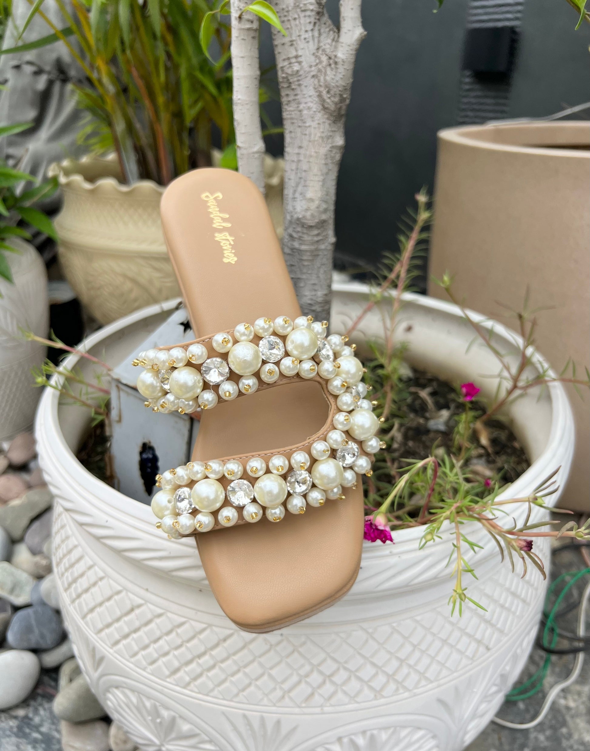 Pearl & Crystal C Shape Nude Wedges Sandal Stories