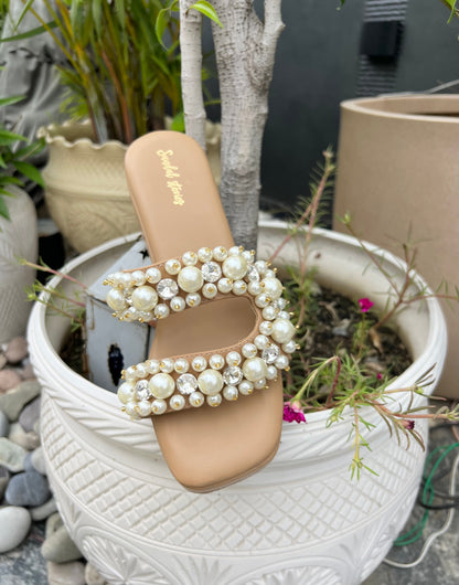 Pearl & Crystal C Shape Nude Wedges Sandal Stories