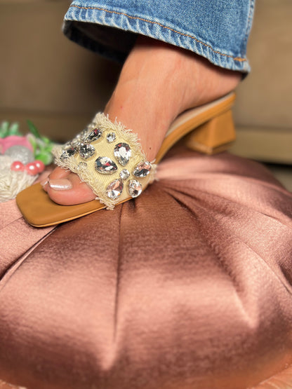 Good Yellow Denim Embellished Block Heels