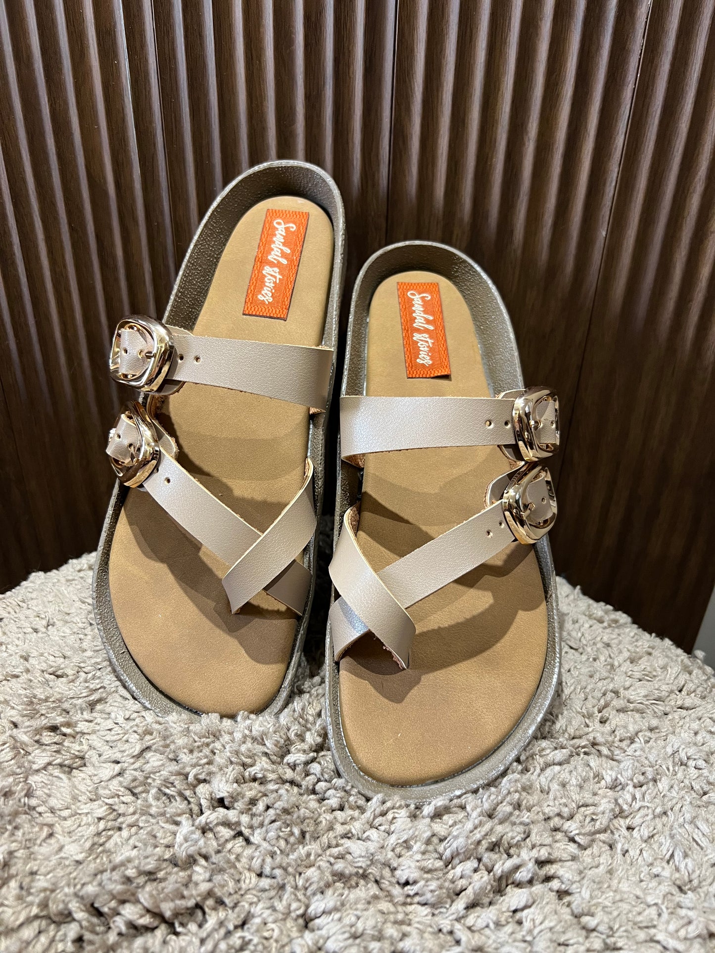 Beige Dual-Buckle Comfort Flats