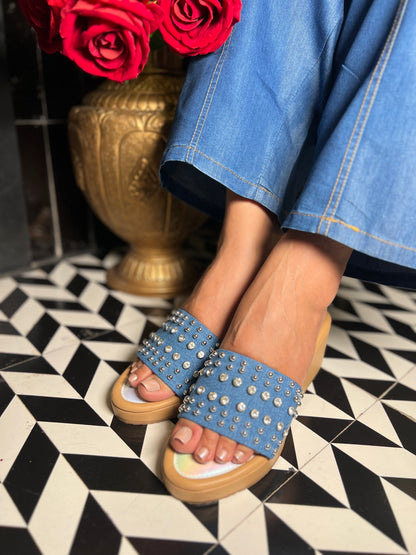 Blue Studded Denim Embellished Wedges