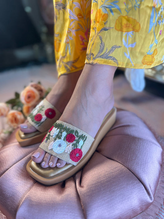 Red & White Embroidered Slide Sandals | 1.5 Inches